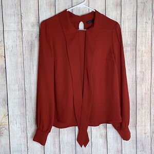 Jieru Top Womens size Small Chiffon long sleeve front Tie Blouse Maroon Preppy